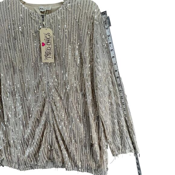 Southern Fried Chics Jacket 3XL Champagne Beige Mesh Sequin Fringe Boho Showgirl - Picture 10 of 16